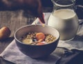 Breakfast cereal. Milk and fruit musli in a bowl Royalty Free Stock Photo