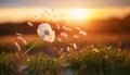 Beautiful fluffy dandelion and flying seeds outdoors at sunset Royalty Free Stock Photo