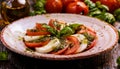 Italian cuisine: caprese salad and breadsticks with ham. Party dish Royalty Free Stock Photo