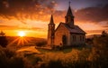 A stone church with dual steeples, topped by crosses Royalty Free Stock Photo
