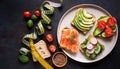 Fitness breskfast with homemade sandwiches on dark table background top view Royalty Free Stock Photo