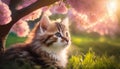 Felidae cat with whiskers sitting under tree with pink flowers. Royalty Free Stock Photo