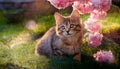 Felidae cat with whiskers sitting under tree with pink flowers. Royalty Free Stock Photo