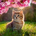 Felidae cat with whiskers sitting under tree with pink flowers. Royalty Free Stock Photo