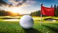Golfball+flag. Close up of golfball with golfcourse as background Royalty Free Stock Photo