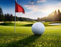 Golfball+flag. Close up of golfball with golfcourse as background Royalty Free Stock Photo