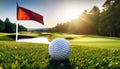 Golfball+flag. Close up of golfball with golfcourse as background Royalty Free Stock Photo