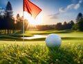 Golfball+flag. Close up of golfball with golfcourse as background Royalty Free Stock Photo