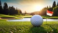 Golfball+flag. Close up of golfball with golfcourse as background Royalty Free Stock Photo