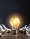 Great business idea. 3D Rendering. Bright bulb lit between unlit bulbs. Successful and intelligent idea Royalty Free Stock Photo
