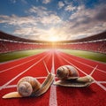 Snails on the athletic track moves the finish line Royalty Free Stock Photo
