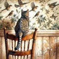 Tabby Cat Watching Birds On Retro Wallpaper Royalty Free Stock Photo
