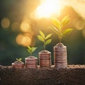 Plant growing step of money stack with sunshine Royalty Free Stock Photo