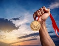 Success. Male hand rise up a gold medal against the dramatic sky with copy space Royalty Free Stock Photo