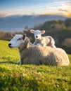 Resigned. Sheep lying in a field in spring with a lamb climbing on its back Royalty Free Stock Photo
