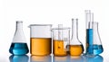 Laboratory bottles - test tubes and beakers - on white Royalty Free Stock Photo