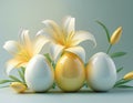 Three Easter eggs, one yellow and two white, with two delicate white lilies with yellow centers. Royalty Free Stock Photo