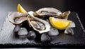 Oysters served on stone plate with ice drift and lemon Royalty Free Stock Photo