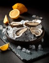Oysters served on stone plate with ice drift and lemon Royalty Free Stock Photo