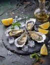 Oysters served on stone plate with ice drift and lemon Royalty Free Stock Photo