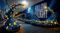 Generated imagegraffiti text Follow Light on a wall next to a sidewalk illuminated with magical plants Royalty Free Stock Photo
