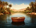 Biblical scene of Moses in a small ark in the Nile River. Royalty Free Stock Photo