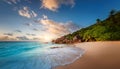 Sunset on Seychelles beach, tilt shift soft effect, Africa Royalty Free Stock Photo