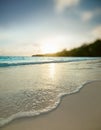 Sunset on Seychelles beach, tilt shift soft effect, Africa Royalty Free Stock Photo