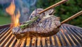 Spicy t-bone steak grilling over a summer barbecue. Spicy t-bone steak seasoned with rosemar Royalty Free Stock Photo