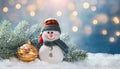Festive Christmas card with snowman, Christmas bauble and fir branches on winter background Royalty Free Stock Photo