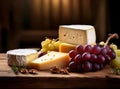 composition with different cheeses and grapes Royalty Free Stock Photo