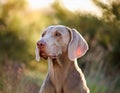 A beautiful Weimaraner dog head portrait with alert expression in the face watching other dogs in the park outdoors Royalty Free Stock Photo