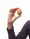 Female teen hand holding egg, isolated on white Royalty Free Stock Photo
