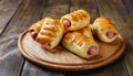 Pigs in a planket. Puff pastry rolls with sausages on a wooden background. Fast food or beer Royalty Free Stock Photo