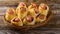 Pigs in a planket. Puff pastry rolls with sausages on a wooden background. Fast food or beer Royalty Free Stock Photo