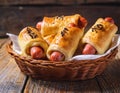 Pigs in a planket. Puff pastry rolls with sausages on a wooden background. Fast food or beer Royalty Free Stock Photo