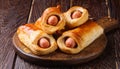 Pigs in a planket. Puff pastry rolls with sausages on a wooden background. Fast food or beer Royalty Free Stock Photo