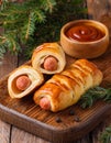 Pigs in a planket. Puff pastry rolls with sausages on a wooden background. Fast food or beer Royalty Free Stock Photo