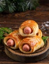 Pigs in a planket. Puff pastry rolls with sausages on a wooden background. Fast food or beer Royalty Free Stock Photo