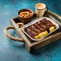 Chocolate banana date dread on a vintage tray on a blue stone background. Copy space. Royalty Free Stock Photo