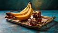 Chocolate banana date dread on a vintage tray on a blue stone background. Copy space. Royalty Free Stock Photo