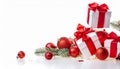 Christmas white gift boxes with red bow and balls isolated on white background. Royalty Free Stock Photo