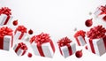 Christmas white gift boxes with red bow and balls isolated on white background. Royalty Free Stock Photo