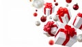 Christmas white gift boxes with red bow and balls isolated on white background. Royalty Free Stock Photo