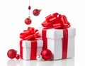 Christmas white gift boxes with red bow and balls isolated on white background. Royalty Free Stock Photo
