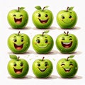 Nine emoticon green apples with various cheerful facial expressions. Generated image Royalty Free Stock Photo