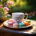 A beautiful, handmade coffee mug with a heart and some Maccarons Royalty Free Stock Photo