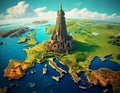 Tower of Bable on the map of Europe. Royalty Free Stock Photo