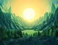 Low Poly Mountain Valley Sunset Royalty Free Stock Photo