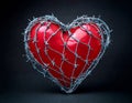 Heart in Barbed Wire on Black. A plastic heart wrapped in barbed wire fence. Valentines day Royalty Free Stock Photo